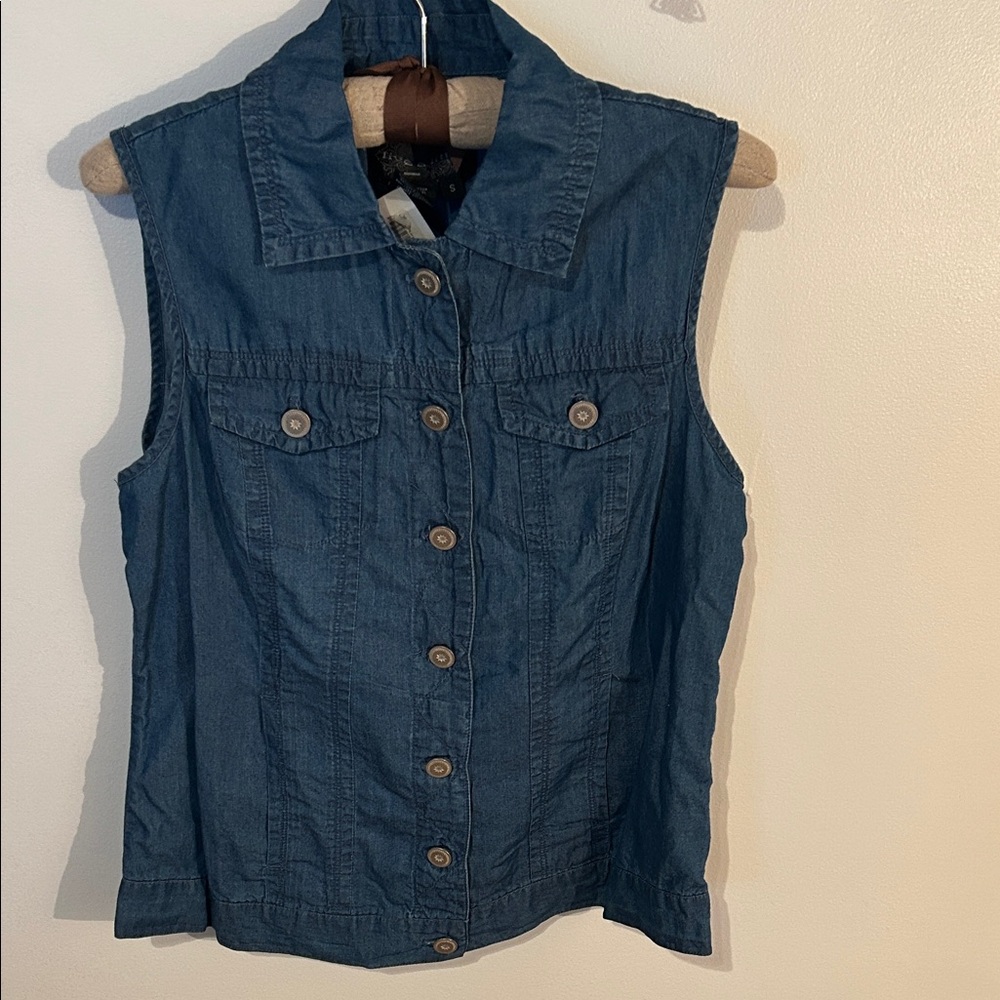 Live a Little Denim Blue Sleeveless Button Down Shirt